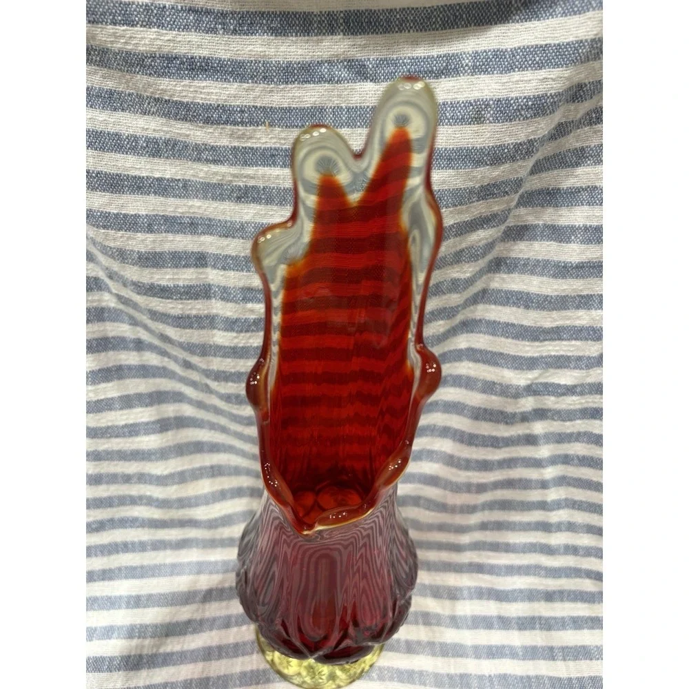 Vintage Swung Amberina Glass Vase – Red & Yellow Starburst Base 13.5 